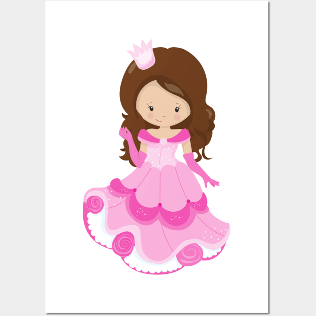 Cute Princess, Crown, Pink Dress, Brown Hair Wall Art by Jelena Dunčević